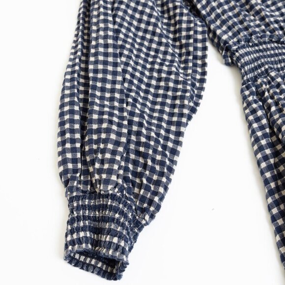 Zara Gingham Check Mini Dress Navy White Smocked Waist 100% Cotton - Picture 7 of 12